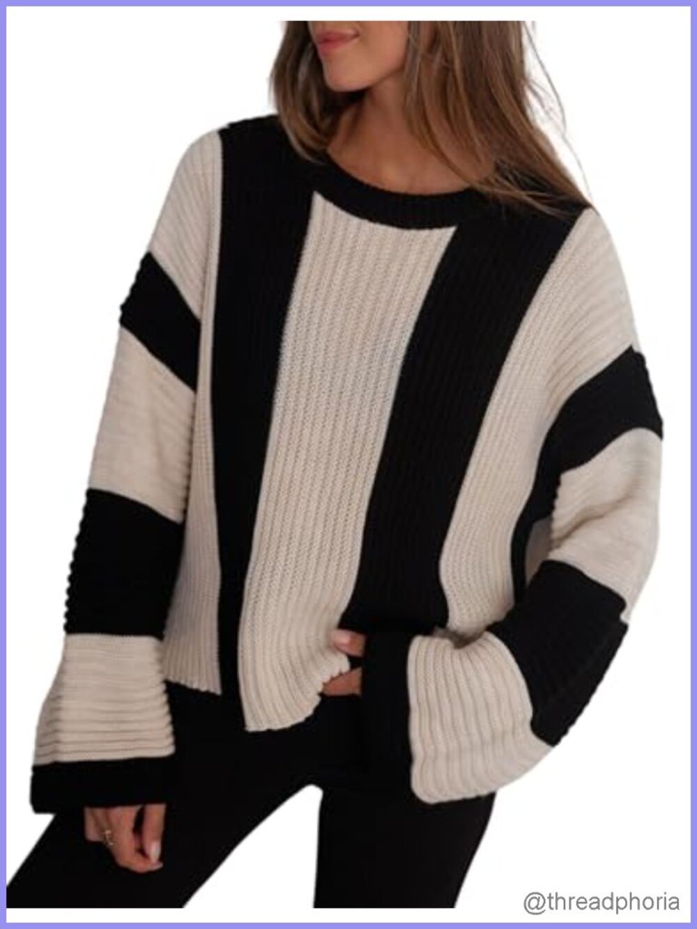 Womens Striped Bell Sleeve Pullover Sweater Loose Color Block Crew Neck Knit